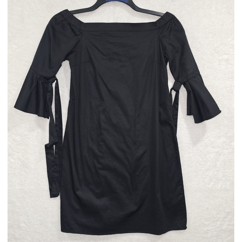 H&M Women's Black Off-The-Shoulder Short Dress 3/4 Bell Sleeves With Ties Size 6 - Picture 1 of 8